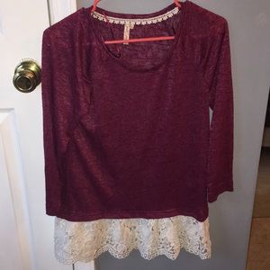 Maroon top with cream lace underlay